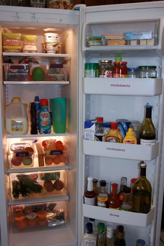 storage hacks that will instantly declutter your kitchen, Label the compartments in your fridge