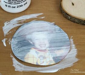 easy photo transfer on wood slices with mod podge