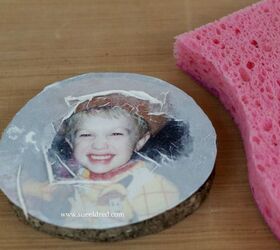 easy photo transfer on wood slices with mod podge