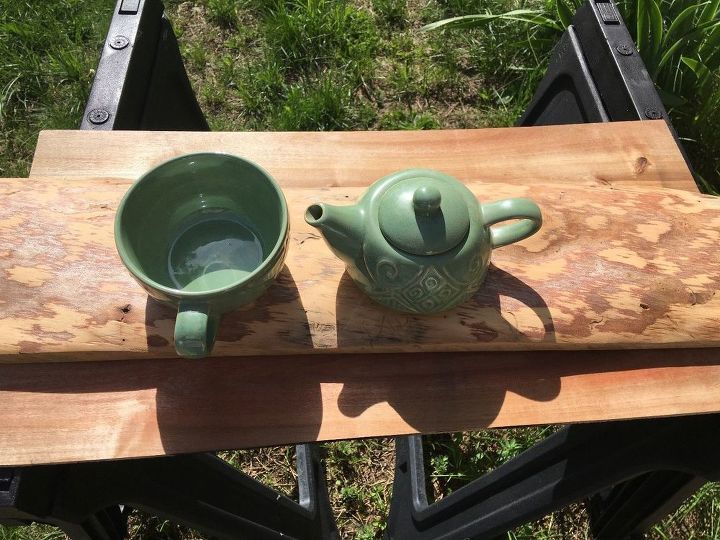teapot and barn wood bird feeder