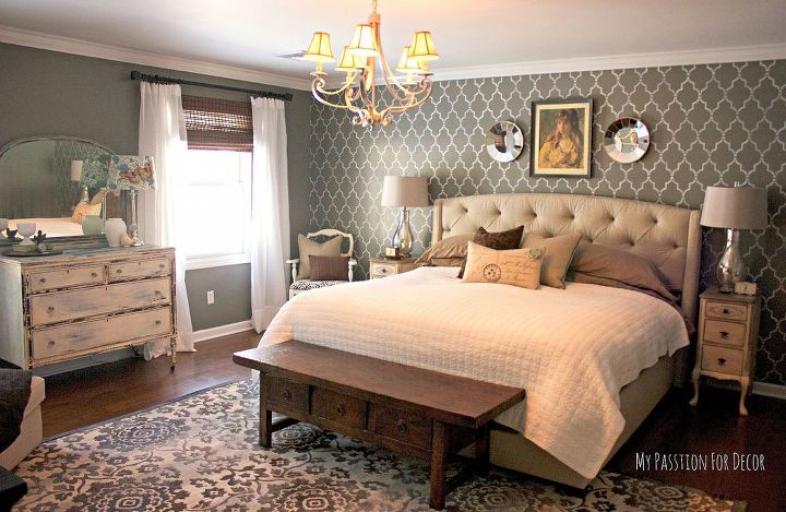 30 stylish update ideas you ll want to use for your bedroom, Paint an accent wall with a stencil