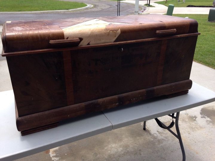 1940 lane cedar chest waterfall style, The veneer on top was in awful condition