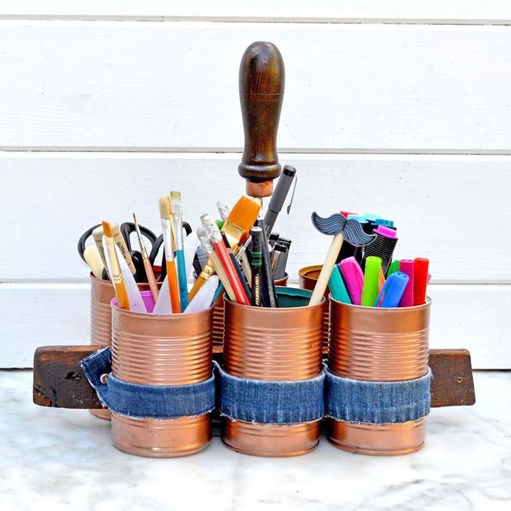 s save your old cans for these 30 home decor ideas, Tie cans together into a supply caddy
