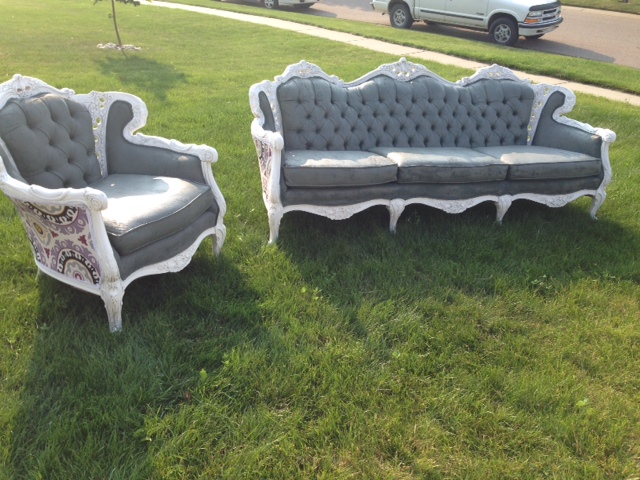 hide your couch s wear and tear with these great ideas, Painting an antique couch and chair set
