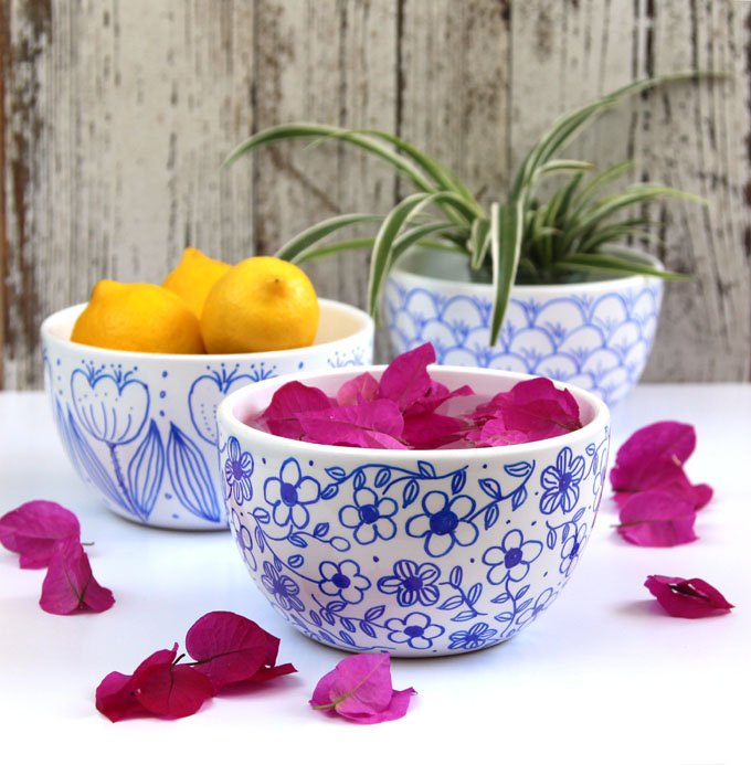 check out these 30 incredible sharpie makeovers, Floral patterned bowls