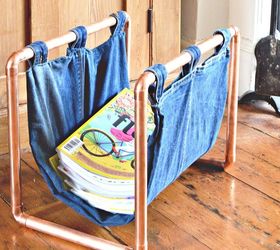 30 ways to use old jeans for brilliant craft ideas, Use Jeans And Copper Pipes To Hold Magazines