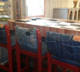 30 ways to use old jeans for brilliant craft ideas, Reupholster Worn Bar Stools