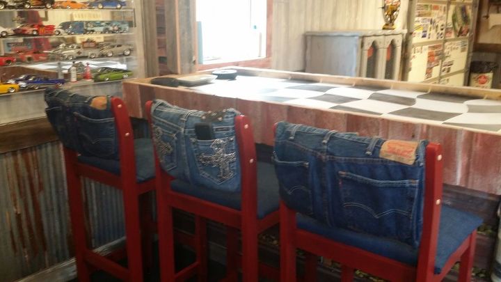 30 ways to use old jeans for brilliant craft ideas, Reupholster Worn Bar Stools