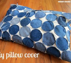 30 ways to use old jeans for brilliant craft ideas, Cover A Throw Pillow In Cut Jean Circles