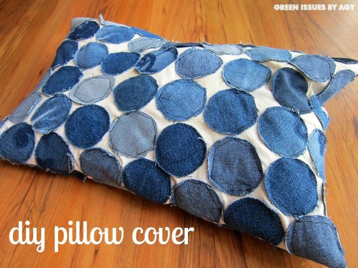 30 ways to use old jeans for brilliant craft ideas, Cover A Throw Pillow In Cut Jean Circles