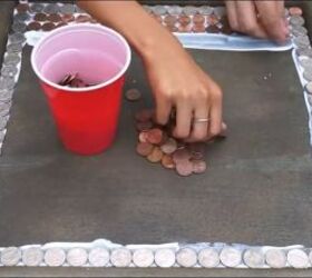 diy penny top table, Laying down the coins