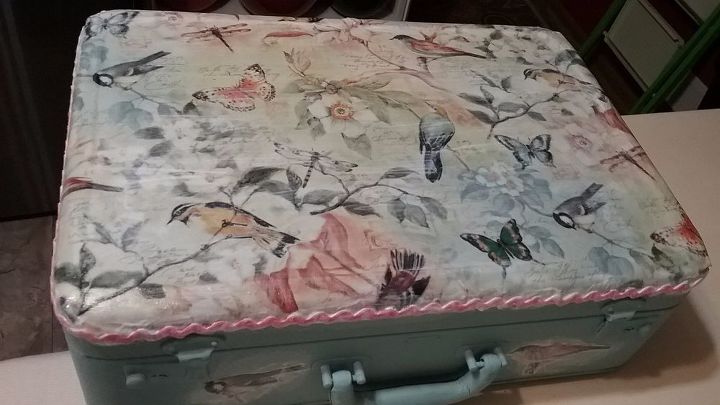decoupaged painted suitcase, Here s the fabric decoupaged on to the case