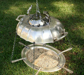 31 creative garden features perfect for summer, Repurpose a silver set into a bird feeder