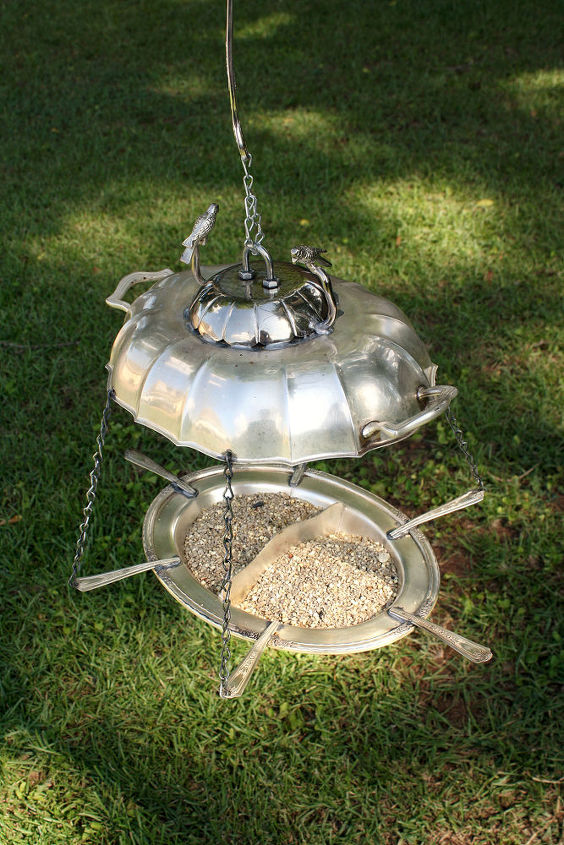 31 creative garden features perfect for summer, Repurpose a silver set into a bird feeder