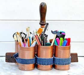 s save your old cans for these 30 home decor ideas, Tie cans together into a supply caddy