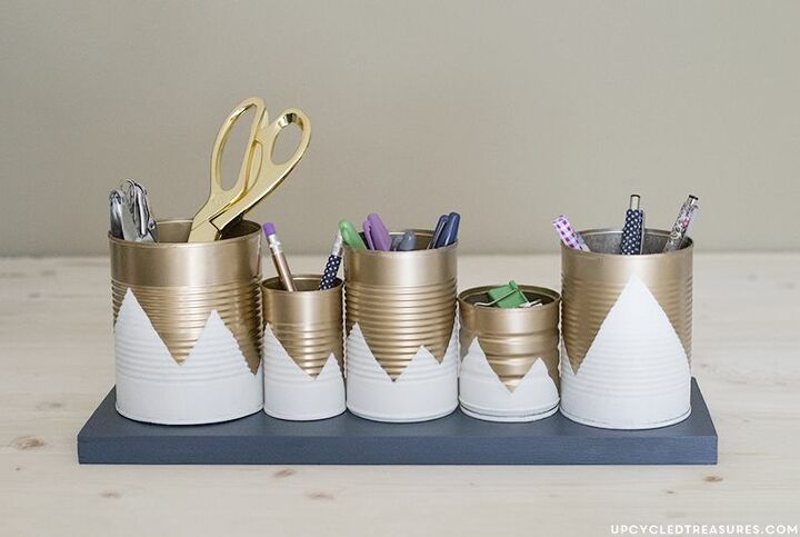 s save your old cans for these 30 home decor ideas, Glue together a desk organizer