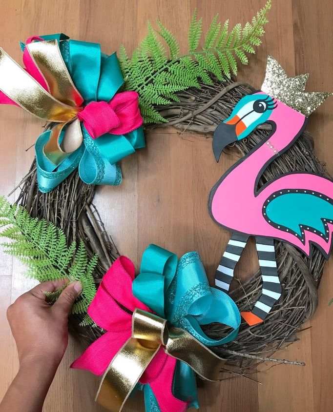 summer flamingo wreath, Greenery first
