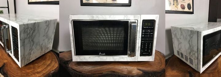 s 15 kitchen updates under 20, Spread Marble Contact Paper On Your Microwave