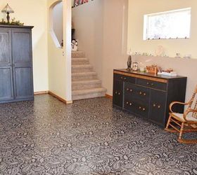 s 15 fabulous ways to pretty up your flooring for less, Brush A Paisley Print On Your Basement Floor