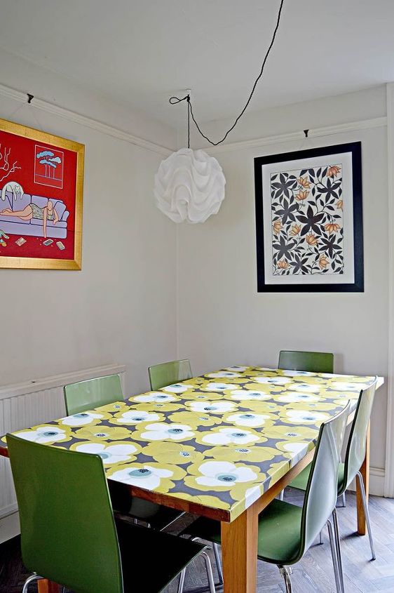 s 15 ways to diy your dream dining room table for half the price, Wrap Your Table In Wallpaper