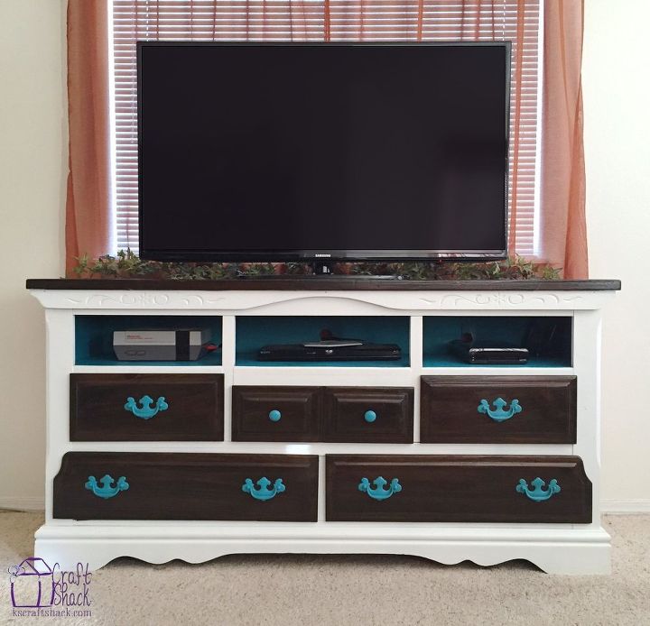 s 15 home decor projects to instantly transform your living room, Paint Media Console Unexpected Colors
