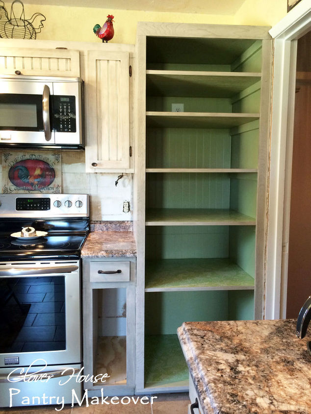 s 15 pinterest worthy pantries that eliminate search time for your favo, Spread Green Damask Paper On Shelves