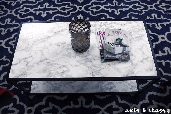 s 15 perfect coffee tables you and your husband can build together, Spread Faux Marble Contact Paper