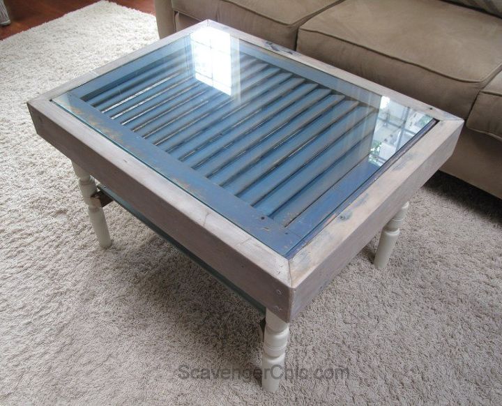 s 15 perfect coffee tables you and your husband can build together, Affix Legs To A Window Shutter