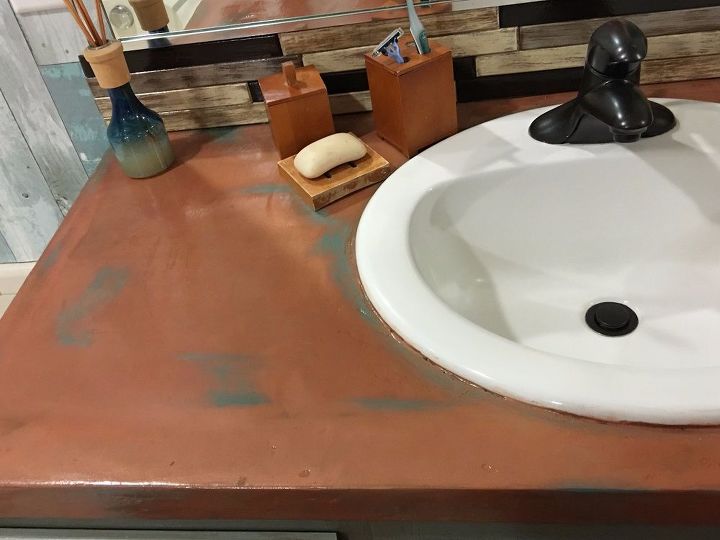 ez cheap henry s concrete copper counter with patina over tile, CLOSE UP Left side Copper concrete counter