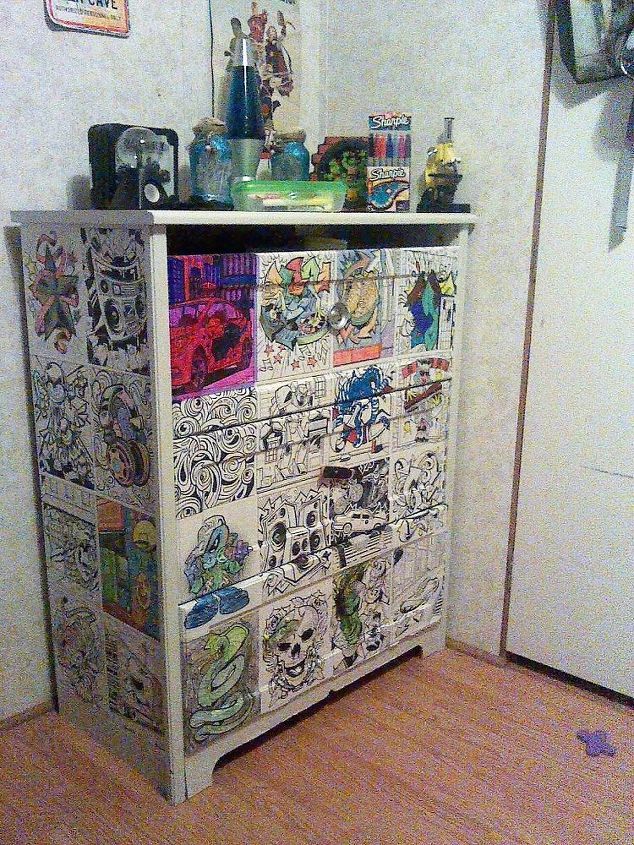 decoupaged boys dresser using a coloring book