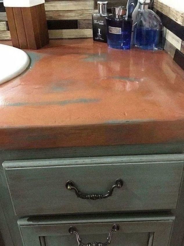 ez cheap henry s concrete copper counter with patina over tile, CLOSE UP Right Side Copper Concrete Counter