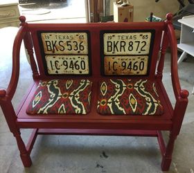 old license plates lying around check out these 28 snazzy decor ideas, Turn A Boring Bench Into This Perfect Seat