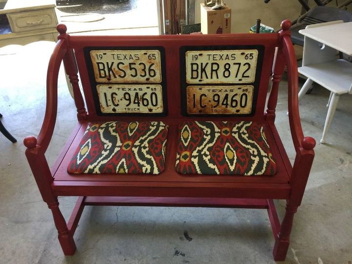 old license plates lying around check out these 28 snazzy decor ideas, Turn A Boring Bench Into This Perfect Seat