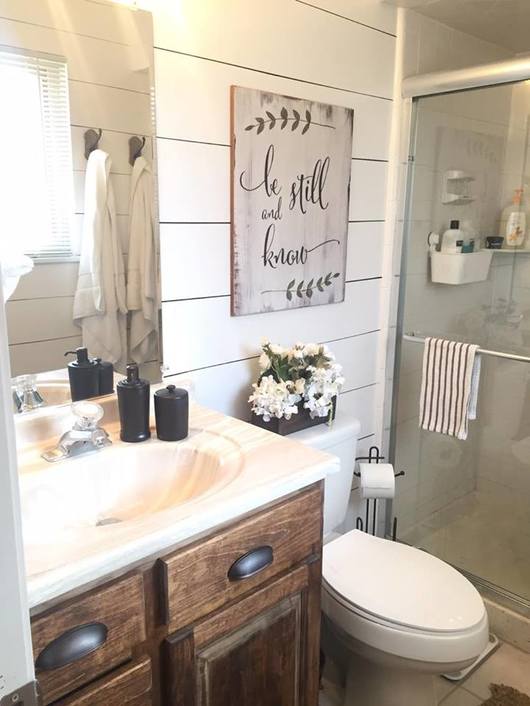 12 super affordable shiplap wall projects to beautify your home, Spend 25 For Painted Shiplap In The Bathroom