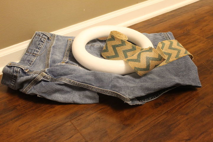 s 13 enjoyable burlap wreaths that ll make you smile when you see them, Press Denim Flowers On Patterned Burlap