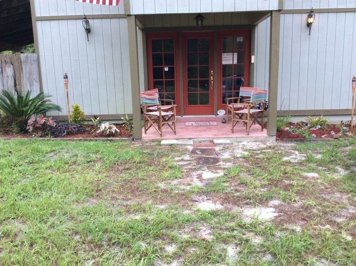 q pavers or gravel or river rock oyster shell in front of house
