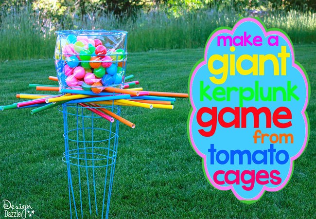 make a giant outdoor kerplunk game from tomato cages