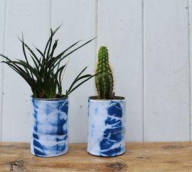 recycled shibori dyed tin can planters