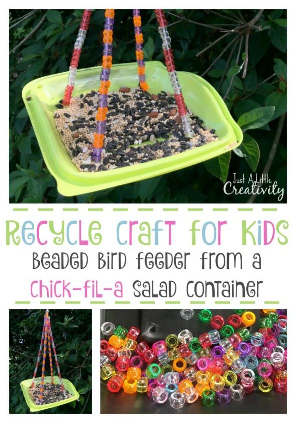 recycled salad container into a bird feeder