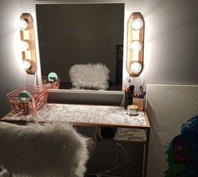 DIY Rose Gold/Marble Desk, Fur Chair + Vanity