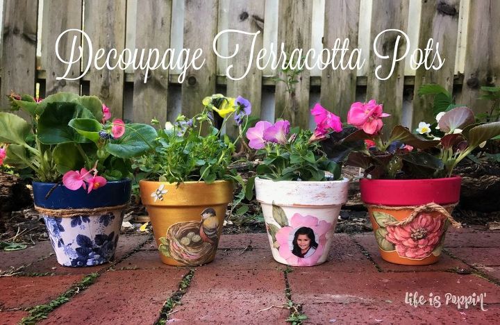 s 26 wonderful ways you can use scrapbooking paper, Decoupage Your Cheap Planters