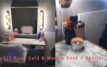  Mesa de ouro rosa/mármore DIY, cadeira de couro e penteadeira