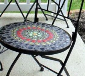 s save your bottle caps for these x crazy cool ideas, A Rad Mosaic Metal Patio Chair