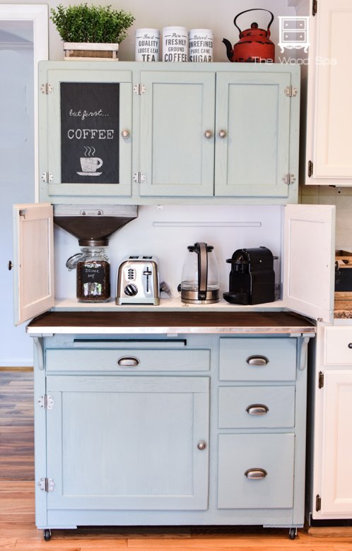 hoosier cabinet made into a coffee bar