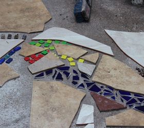 mosaic catio cat patio project, Adding bits of colored plates and tiles
