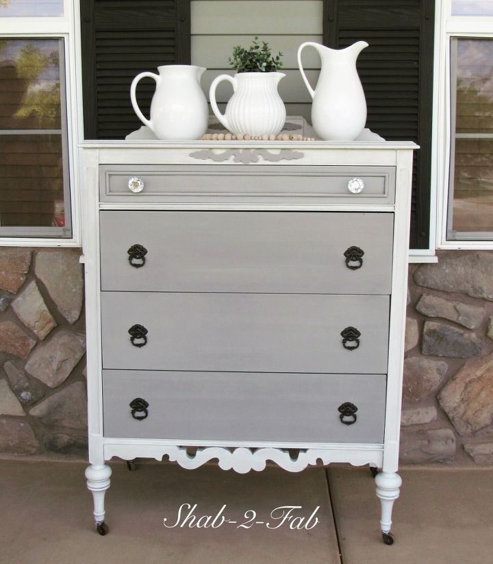 this lovely neutral two toned dresser was restored to its former bea