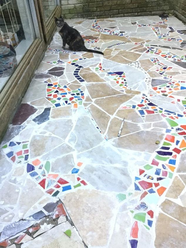 mosaic catio cat patio project, A little bit more progress Delilah concurs