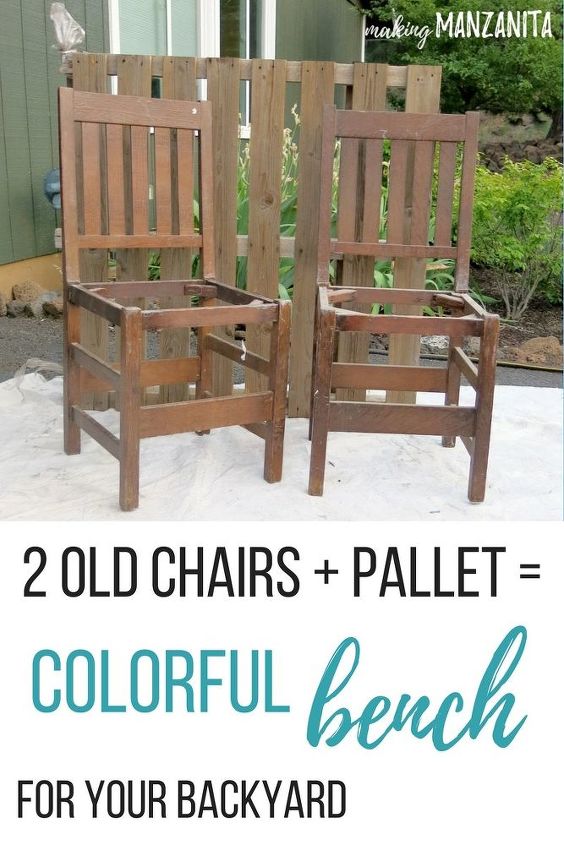upcycled chairs turned into a colorful bench for your backyard