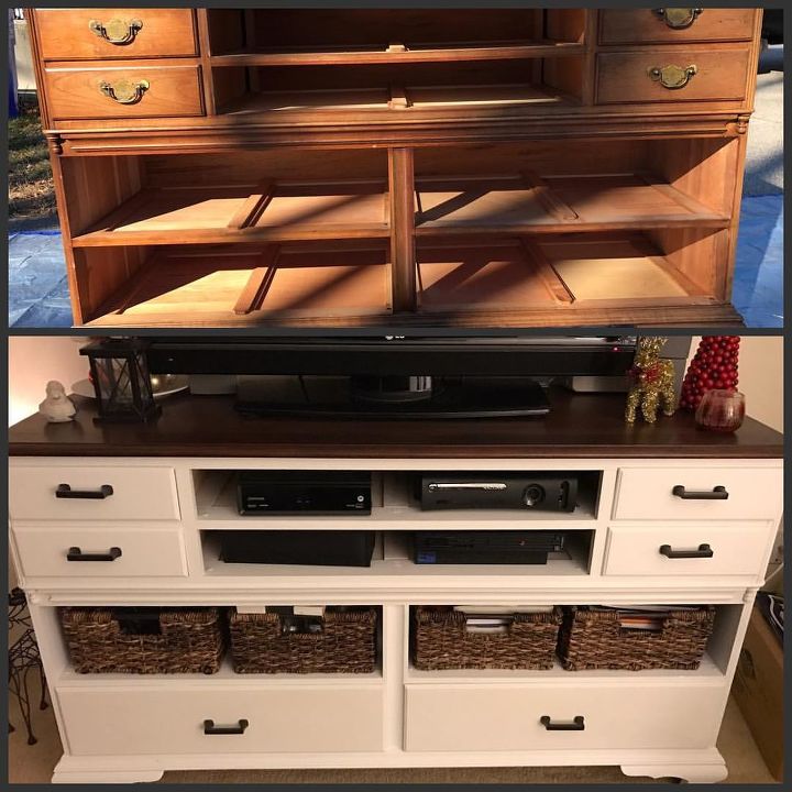 old dresser turned into modern tv stand, Before After