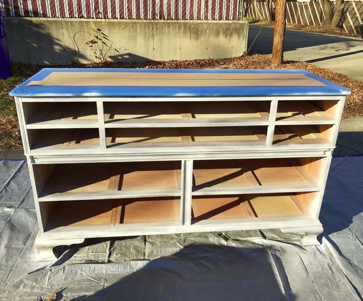 old dresser turned into modern tv stand, Use painters tape so it comes off easy
